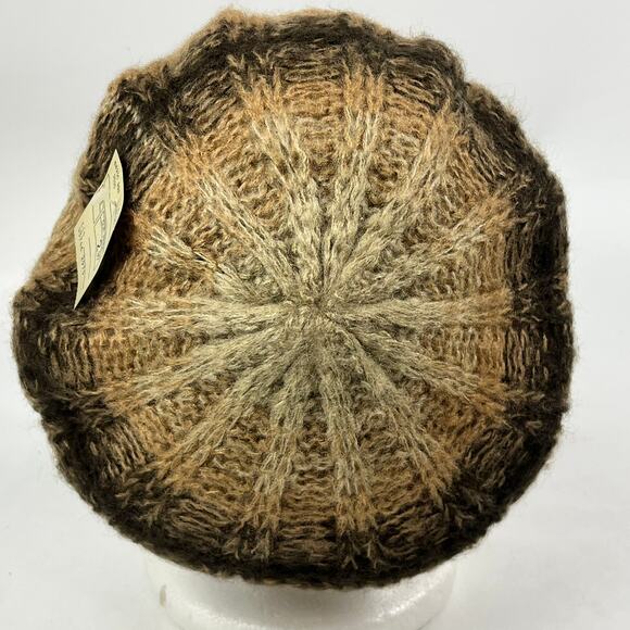 Vtg Brown Tan Acrylic Knit Beret Slouchy Cap Boho 1970s Pattern Textured Hat NWT main image 4